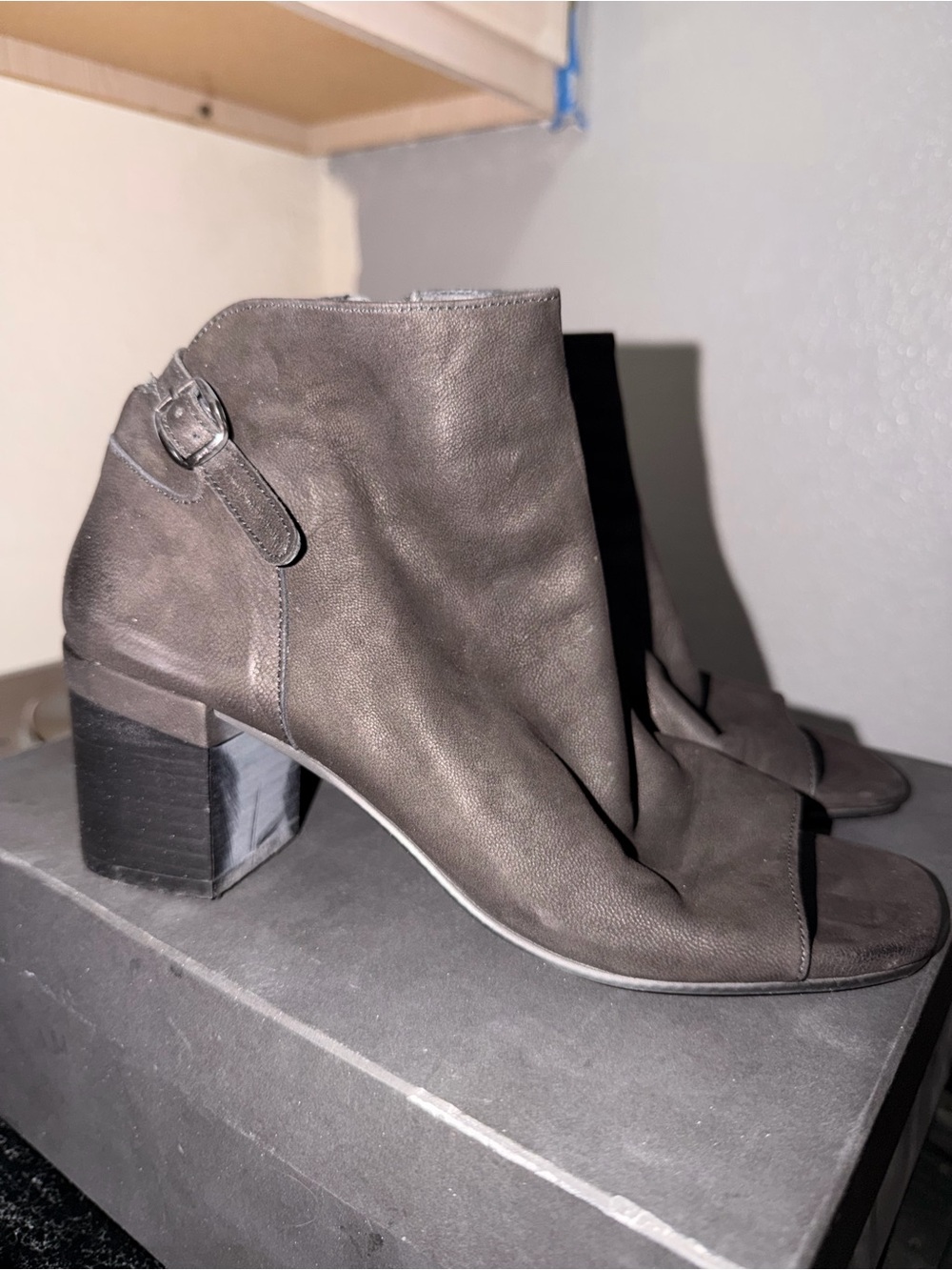 Sabina Open-Toe Ankle Mules in Charcoal Gray
